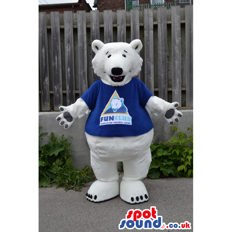 White Big Bear Plush Mascot Wearing A Blue T-Shirt With A Logo