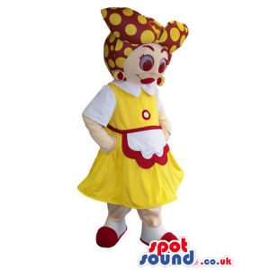 Cute Lady Mascot Wearing A Dot Head Scarf And A Dress - Custom