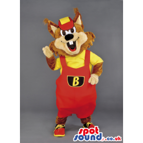 Jubilant beaver mascot in yellow T-shirt and red overalls -