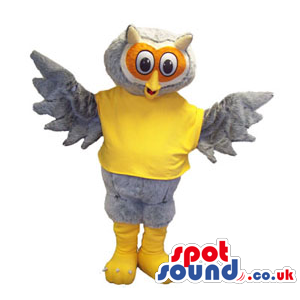 Grey Owl Bird Plush Mascot Wearing A Flashy Yellow T-Shirt -