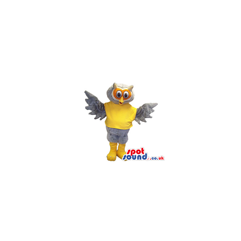 Grey Owl Bird Plush Mascot Wearing A Flashy Yellow T-Shirt -