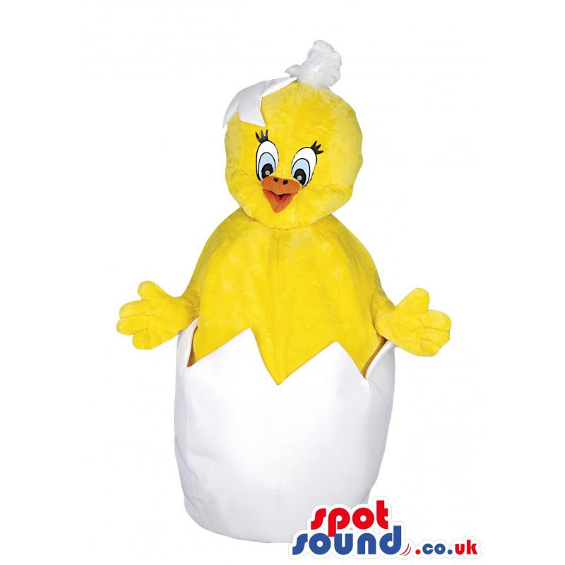 Yellow chicken mascot in cute smile and with an innocent look -