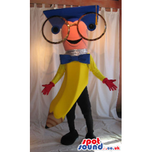 Big Pencil Mascot Wearing Huge Glasses And A School Hat -
