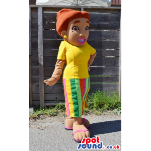 Orange-Haired Lady Plush Mascot Wearing A Flashy T-Shirt -