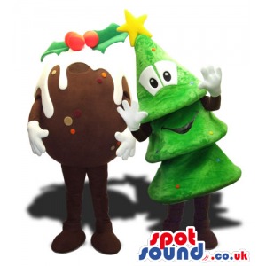 Christmas Cake And Tree Couple Mascots With And With No Face -