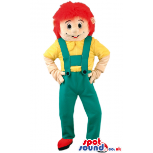 Red haired gardener mascot with yellow T-shirt and green overalls