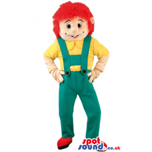 Red haired gardener mascot with yellow T-shirt and green