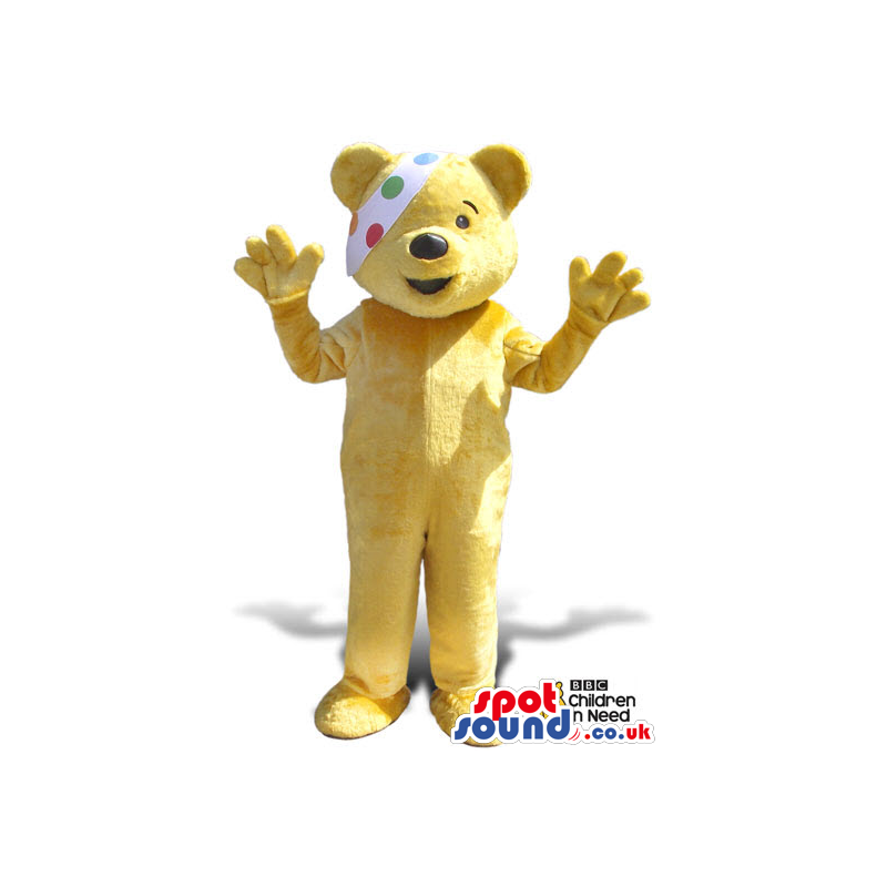 Yellow Bear Plush Mascot With A Colorful Dots Eye-Patch -