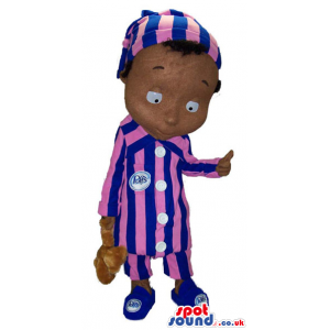 Dark Boy Plush Mascot Wearing Striped Pajamas With A Bear Toy -
