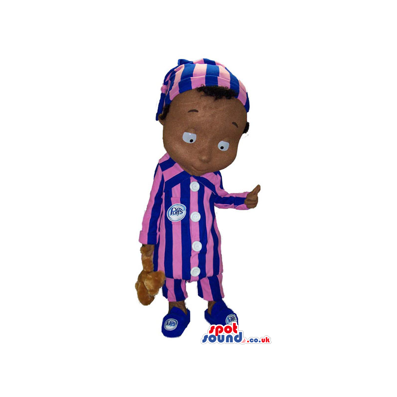 Dark Boy Plush Mascot Wearing Striped Pajamas With A Bear Toy -