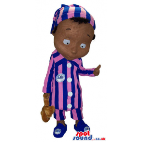 Dark Boy Plush Mascot Wearing Striped Pajamas With A Bear Toy -