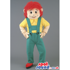 Red haired gardener mascot with yellow T-shirt and green