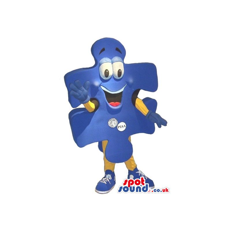 Big Blue Jigsaw Puzzle Mascot With Logos And Funny Face -
