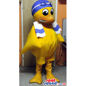 Yellow Duck Plush Mascot Wearing Blue Swimming Gear And A Towel