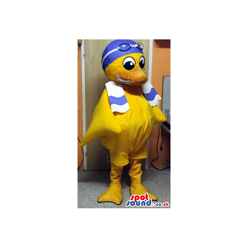 Yellow Duck Plush Mascot Wearing Blue Swimming Gear And A Towel