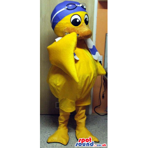 Yellow Duck Plush Mascot Wearing Blue Swimming Gear And A Towel