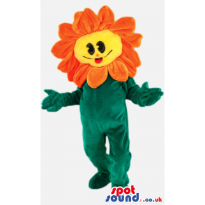 Delighted looking flower mascot with green body acting as stem