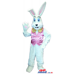 White Rabbit Plush Mascot Wearing A Pink Shinny Vest And Bow