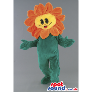 Delighted looking flower mascot with green body acting as stem