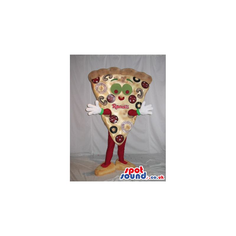 Cute Pizza Slice Mascot With Two Olive Eyes And A Logo - Custom