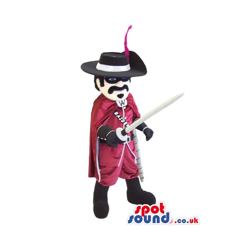 Cool Character Mascot Dressed As El Zorro With A Mask And Sword