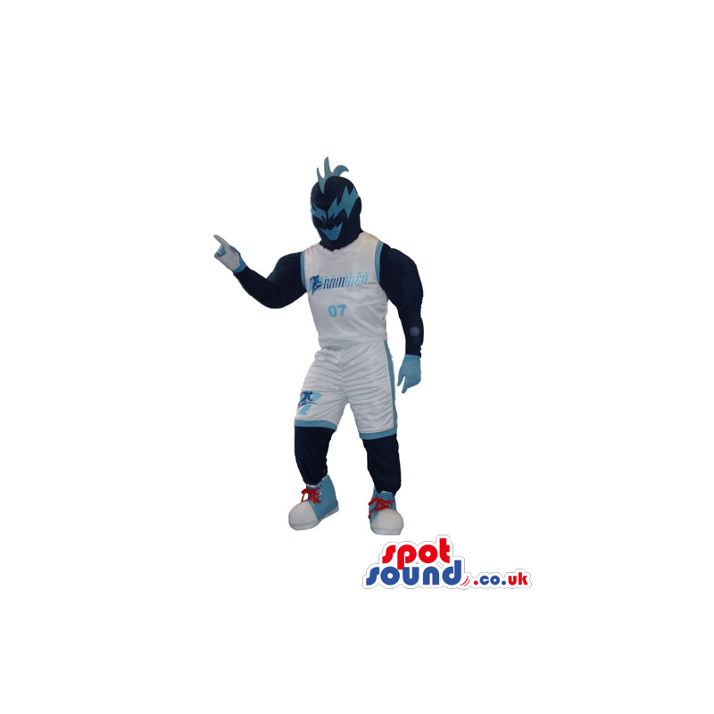 Masked Fighter Character Mascot In Basketball Clothes With Logo