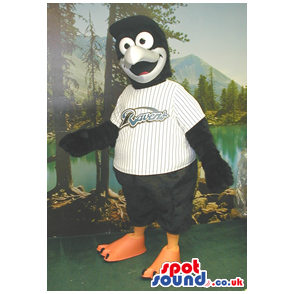 Black Bird Plush Mascot Wearing A Baseball Shirt With A Team