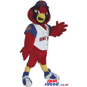 Red Bird Plush Mascot Wearing A Baseball Shirt With A Team Name