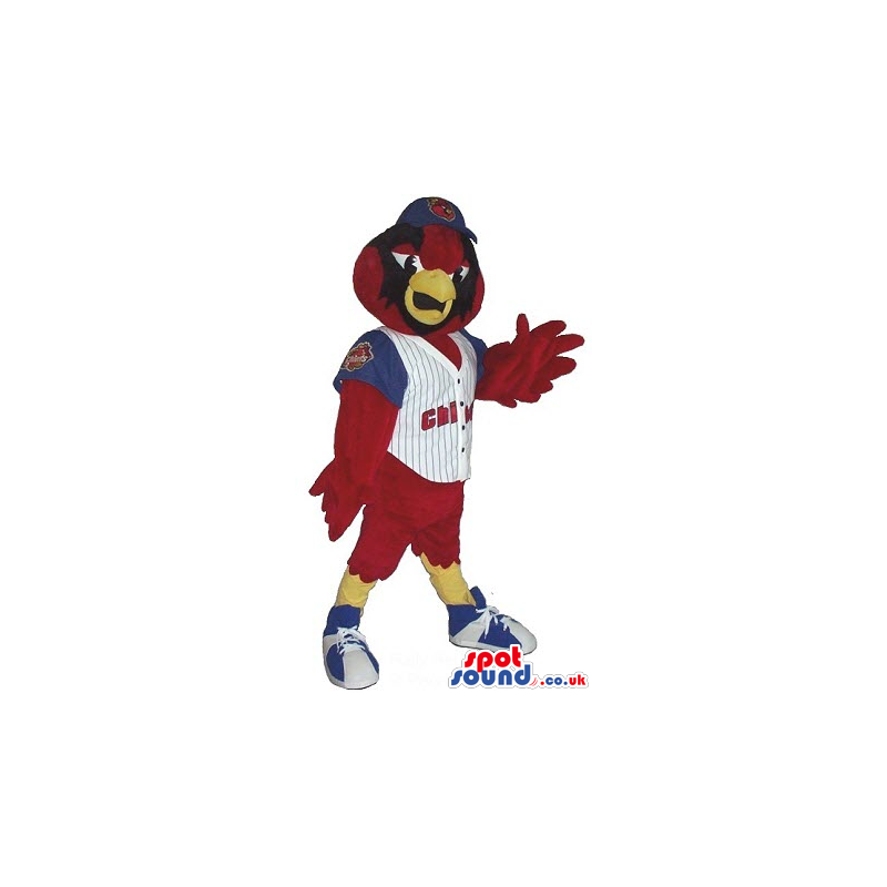 Red Bird Plush Mascot Wearing A Baseball Shirt With A Team Name