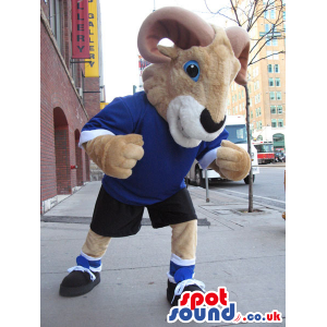 Brown Goat Plush Mascot Wearing A Blue Sweater And Sneakers -