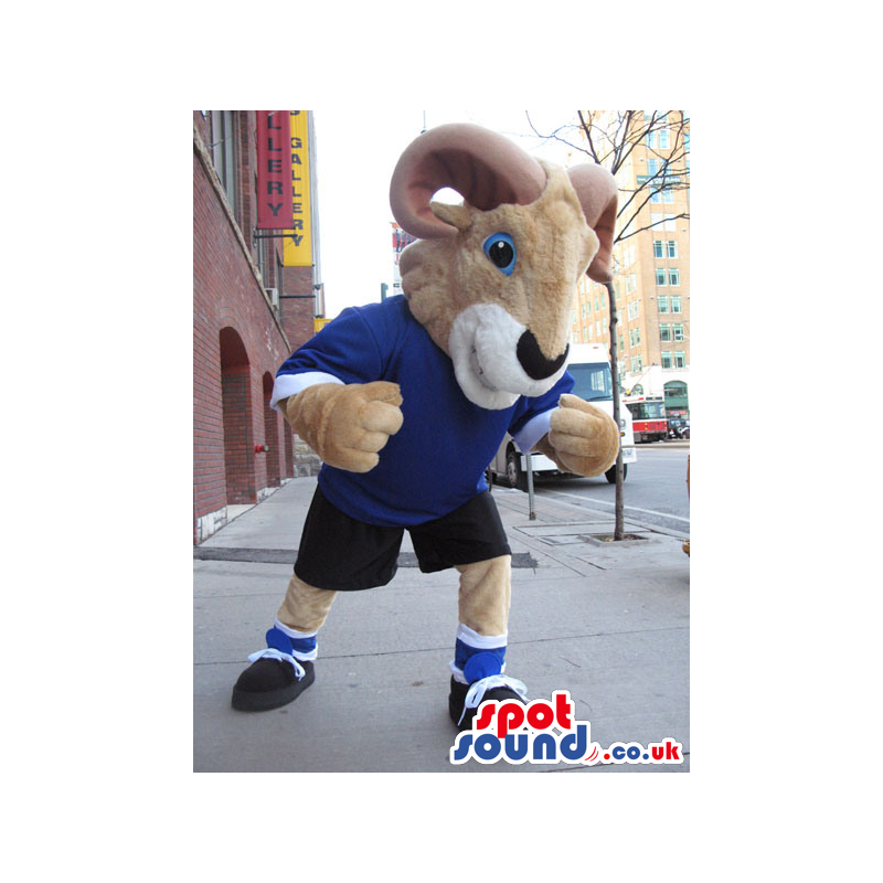Brown Goat Plush Mascot Wearing A Blue Sweater And Sneakers -