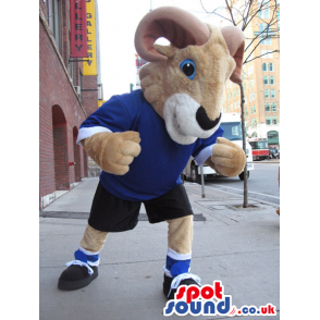 Brown Goat Plush Mascot Wearing A Blue Sweater And Sneakers -
