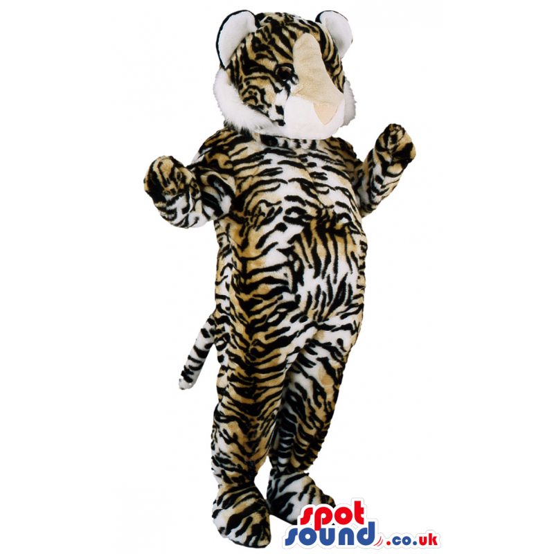 Velvet soft tiger mascot with tail dangling and fat belly -