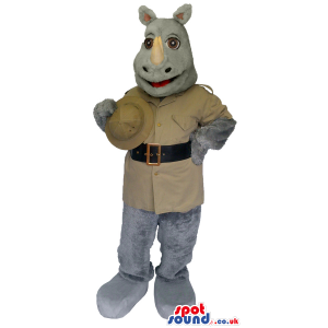 Grey Rhinoceros Mascot Wearing Safari Beige Clothes And A Hat -