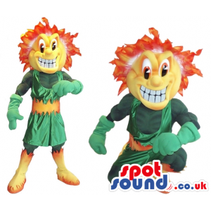 Flashy Orange Creature Plush Mascot Wearing Green Garments -