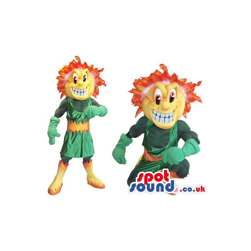 Flashy Orange Creature Plush Mascot Wearing Green Garments -