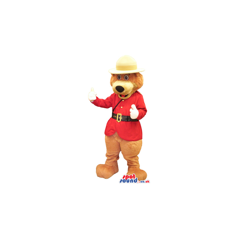 Brown Bear Plush Mascot Wearing A Red Guard Jacket And Hat -