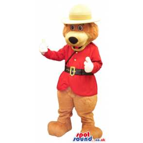 Brown Bear Plush Mascot Wearing A Red Guard Jacket And Hat -