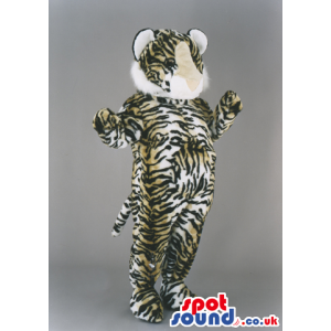 Velvet soft tiger mascot with tail dangling and fat belly -