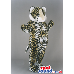 Velvet soft tiger mascot with tail dangling and fat belly -