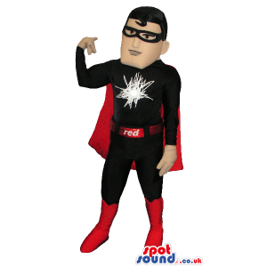 Red And Black Super Hero Human Mascot With A Logo And Text -
