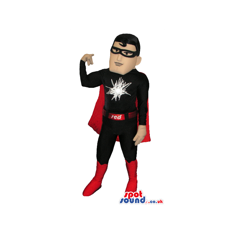 Red And Black Super Hero Human Mascot With A Logo And Text -