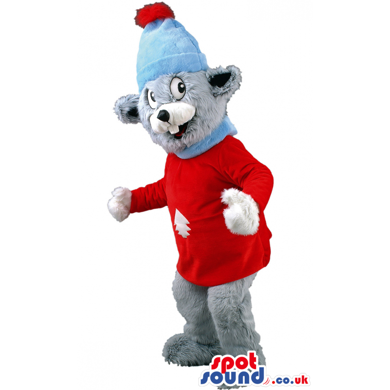 Fluffy mouse mascot wearing a red T-shirt and blue bubble hat -