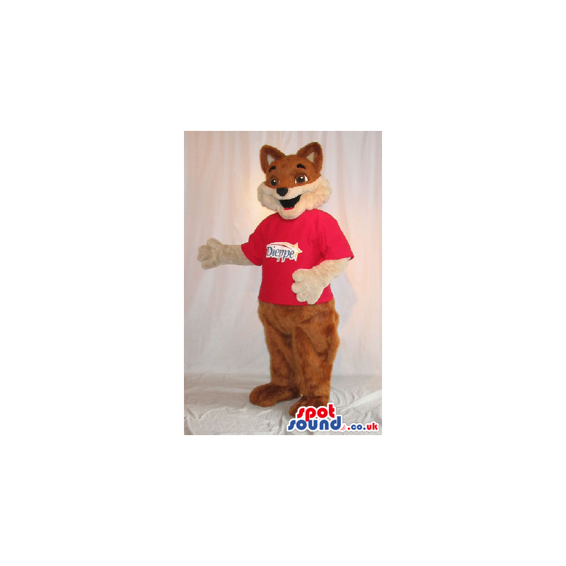 Fox Plush Mascot Wearing A Red T-Shirt With A Logo - Custom