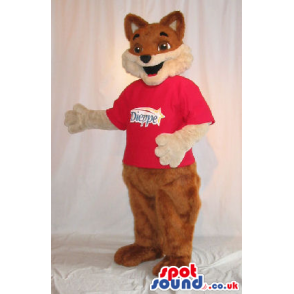 Fox Plush Mascot Wearing A Red T-Shirt With A Logo - Custom