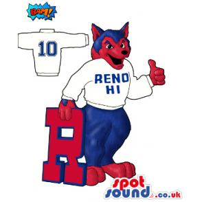 Red And Blue Wolf Plush Mascot Drawing Wearing A T-Shirt With