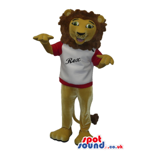 Brown Lion Plush Mascot Wearing A T-Shirt With Text - Custom