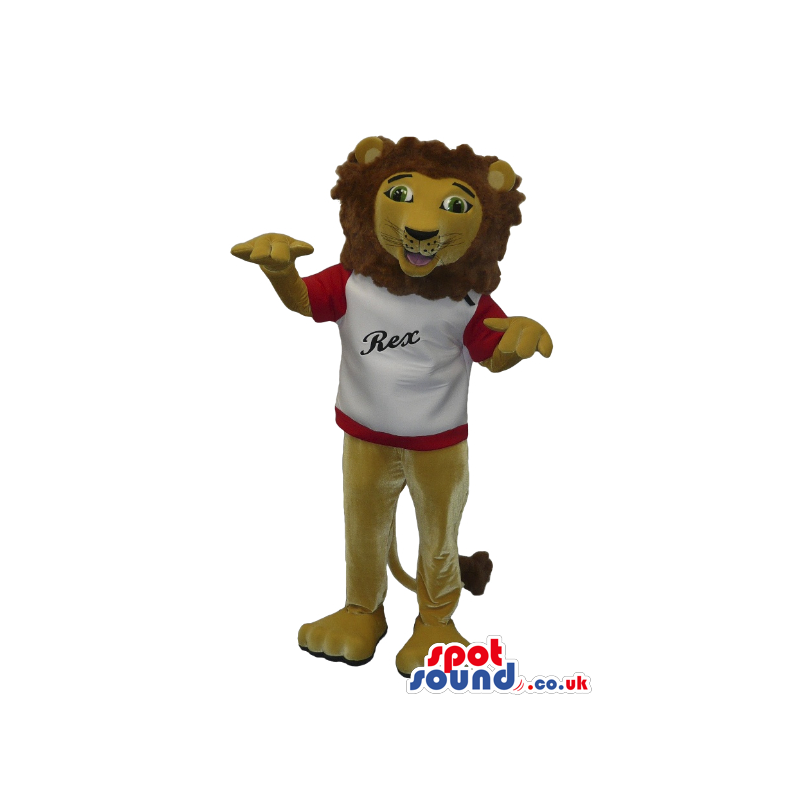 Brown Lion Plush Mascot Wearing A T-Shirt With Text - Custom