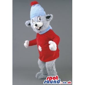 Fluffy mouse mascot wearing a red T-shirt and blue bubble hat -