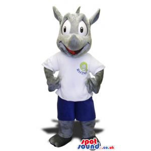Cute Rhinoceros Animal Plush Mascot Wearing A White Logo